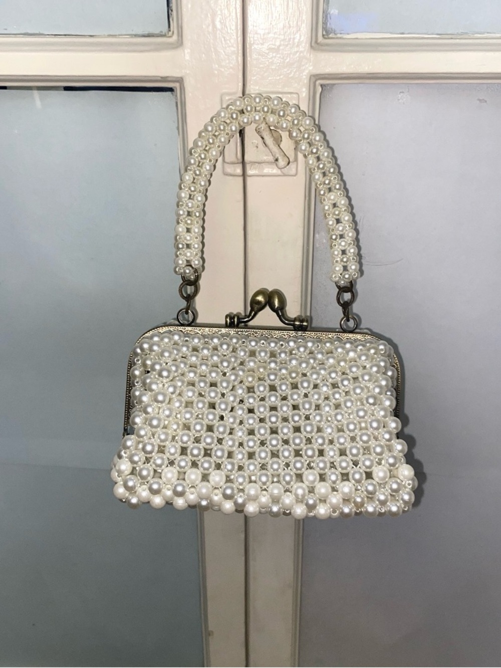 Pearl Beaded Ivory Evening Clutch with Top Handle